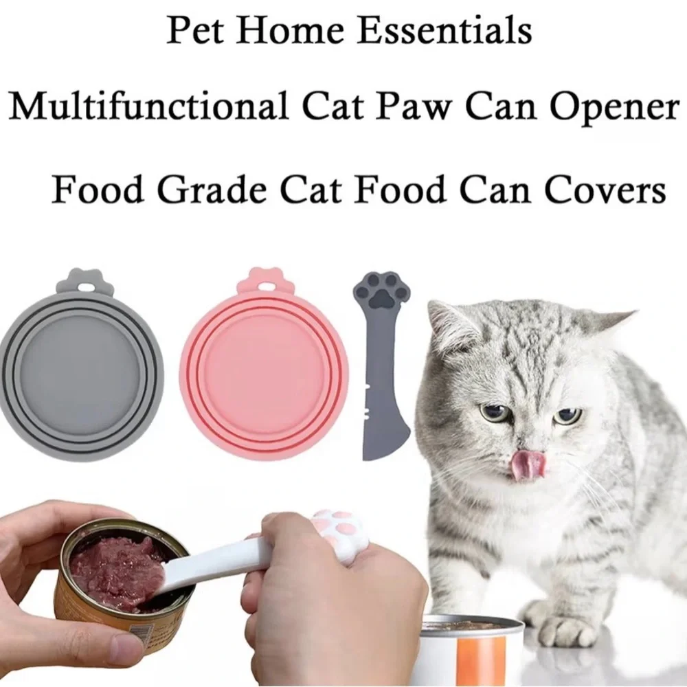 4~Pet Paw Silicone Cat Bowl Set-Pink&Gray Multi-use Opener, Cute Paw Shape Spoon
